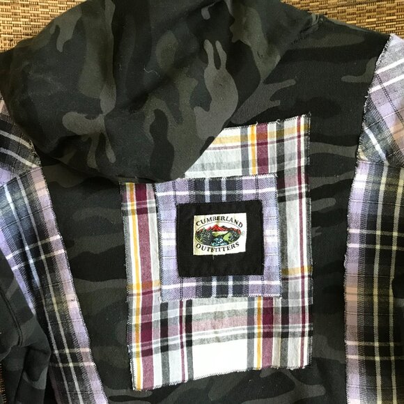 Patchwork Camo Hoodie, Size M-L: Upcycled Hipster Grunge Violet Plaid Sweatshirt - Picture 12 of 14